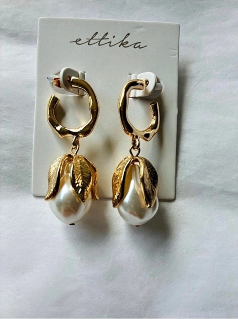 ettika Freshwater Pearl Blossom Drop Earrings Gold & White Drop Hoop Earrings